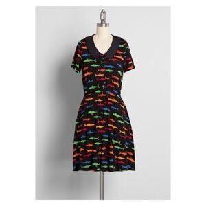ModCloth Black&Rainbow Multi Sweet Shiver Of Sharks Collared Dress Sz.XS NWT